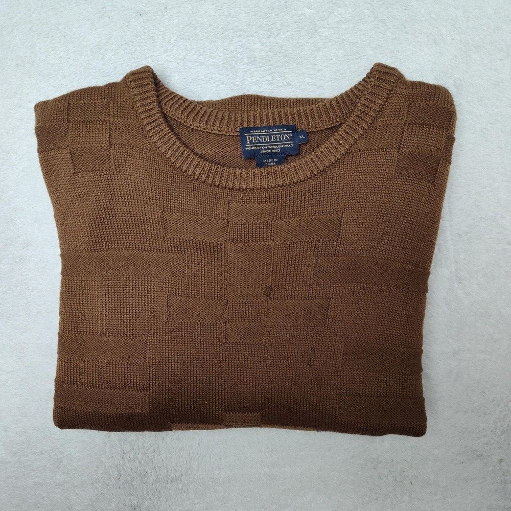 Pendleton Sweater Mens XL Brown Crew Neck Merino Wool Pullover Geometric Classic